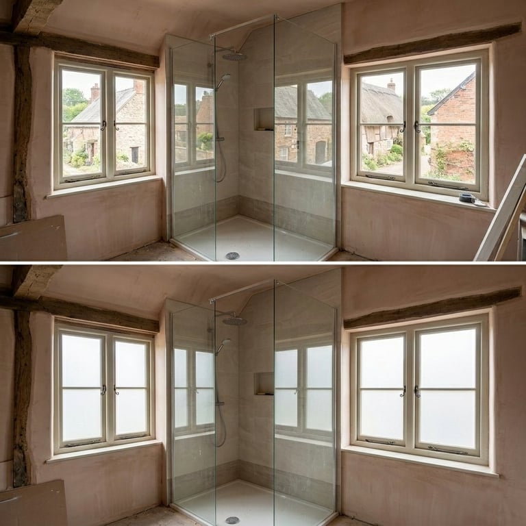 Bathroom renovation before and after: top shows completed shower enclosure with clear glass doors and windows; bottom shows same space with frosted window treatment applied