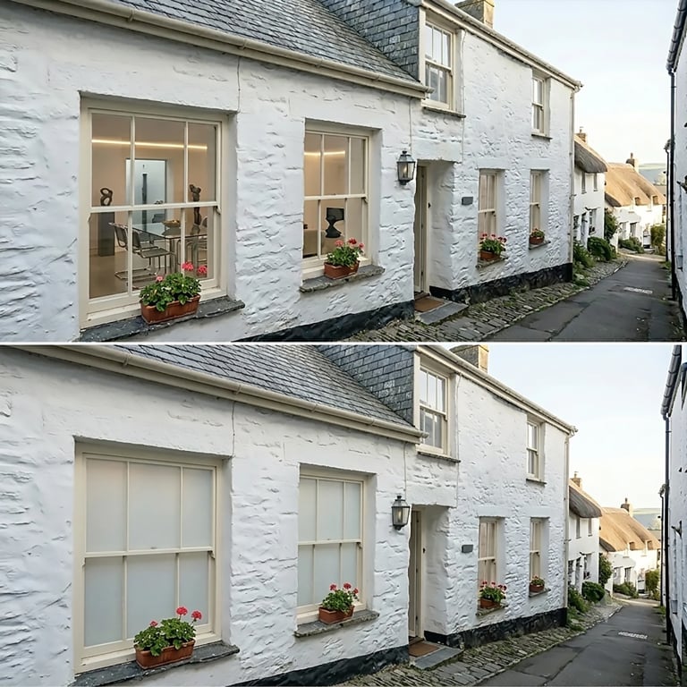 Before and after comparison of a white stone cottage with window shutters replaced and flower boxes, showing renovation changes to exterior.