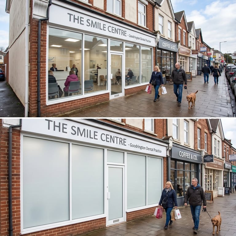 Before and after images of a coastal property with smart glass installation in Cornwall