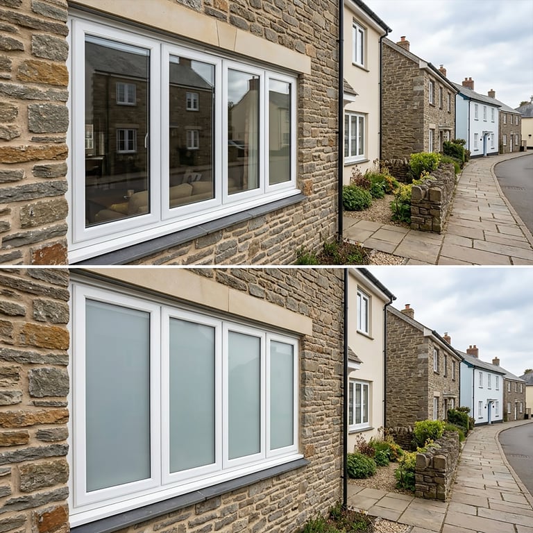 Before and after comparison of a stone cottage exterior showing upgraded white-framed patio doors and windows with reflective glass