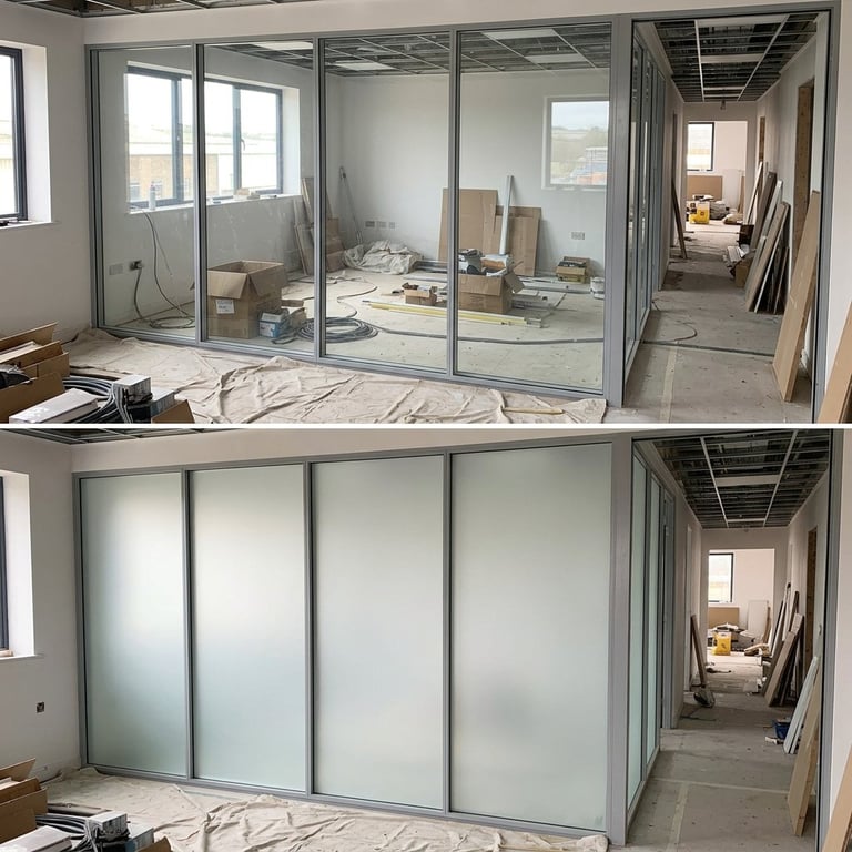 Before and after comparison of a room with glass partition walls, showing construction materials and completed frosted glass installation