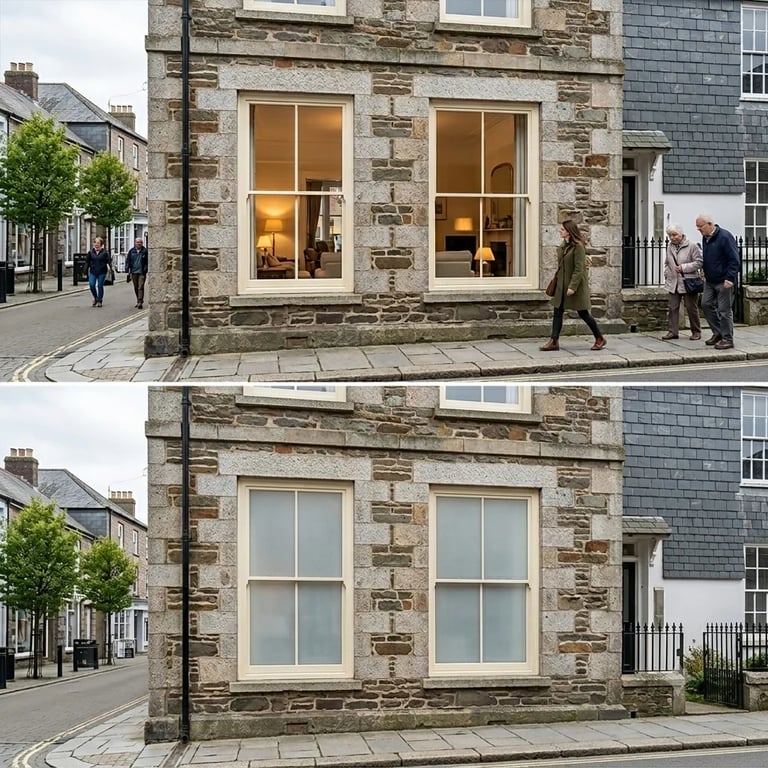 Before and after comparison of storefront windows: top shows lit illuminated windows with people outside, bottom shows the same facade with windows off during daytime