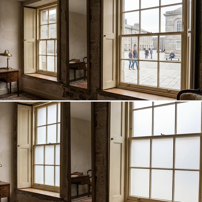 Split-view of a room showing large sash windows with views of a historic courtyard, demonstrating before-and-after comparison of window reflections and natural lighting