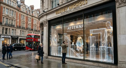 Harvey Nichols luxury department store storefront with Aeterna window displays on a London street with pedestrians and a red double-decker bus