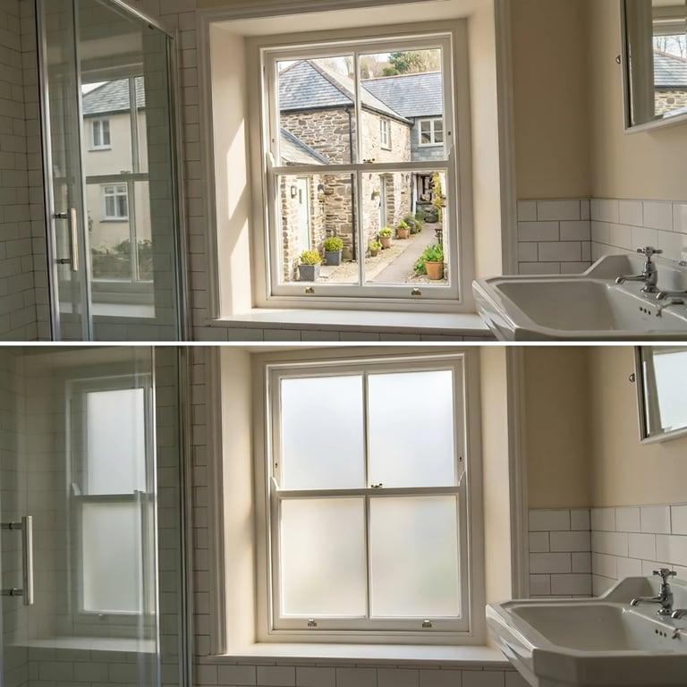 Before and after comparison of a bathroom window, showing clear view of street and buildings above, frosted below for privacy