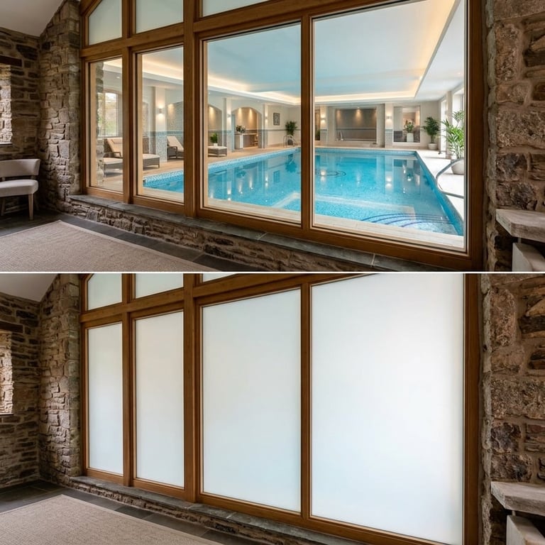 Interior pool with large wooden-framed glass doors showing transparent and frosted glass panel options