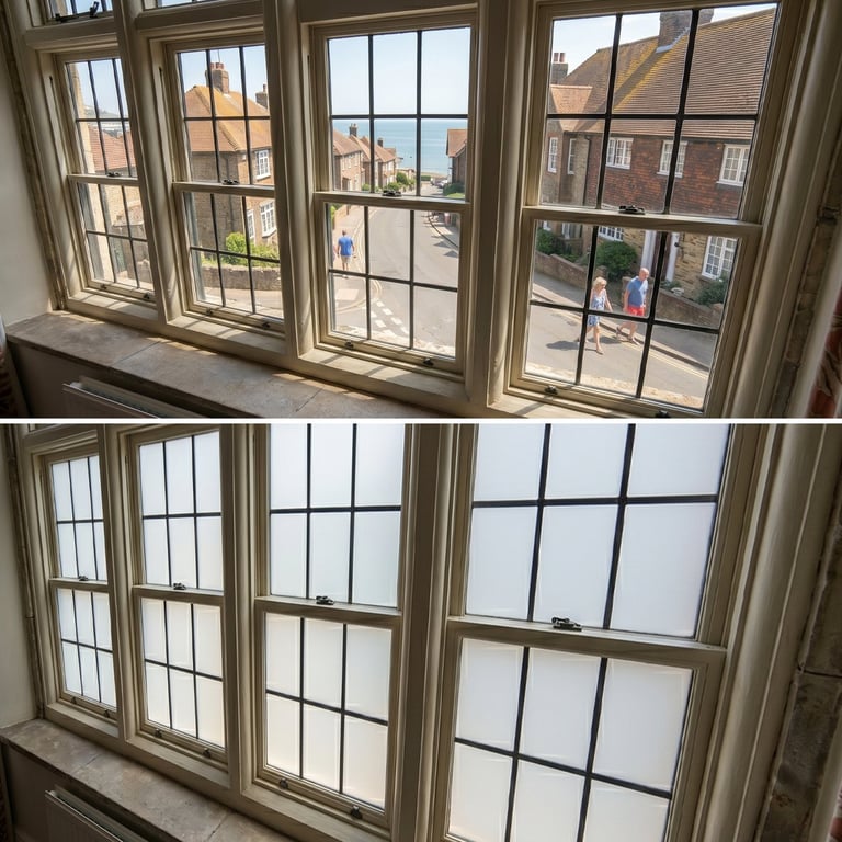 Two window views: top shows clear outdoor view of street and buildings; bottom shows frosted/obscured window with grid panes
