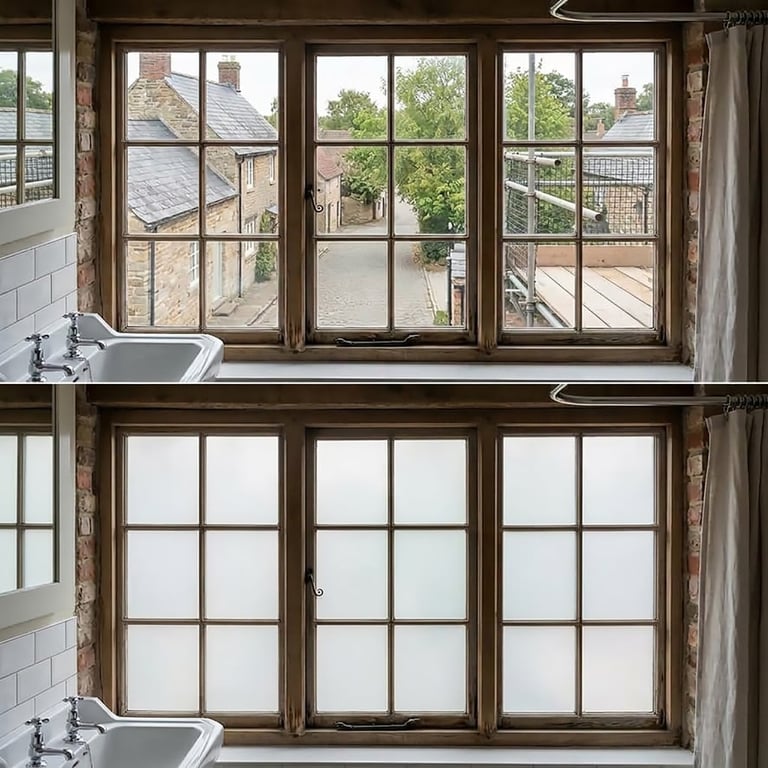 Before and after comparison of kitchen windows showing exterior rooftop view changed to frosted privacy glass