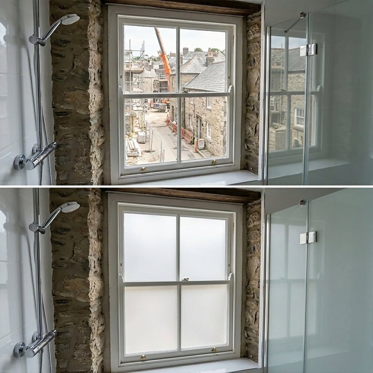 Before and after comparison of a window installation, showing urban street view above and frosted privacy glass below