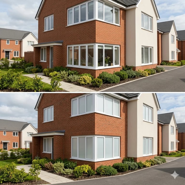 Comparison of brick residential home with large bay windows before and after home renovation or update