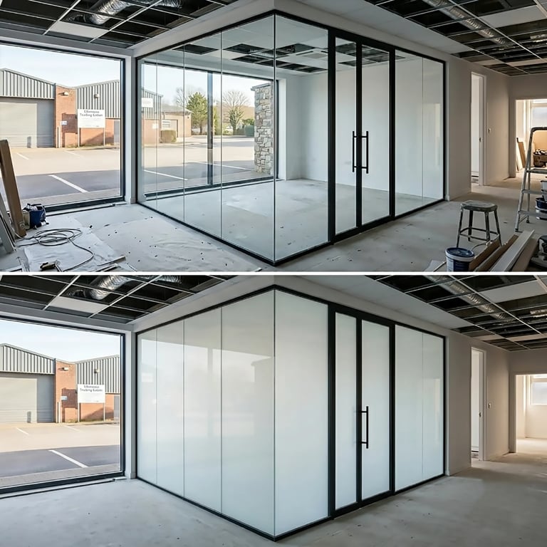 Before and after comparison of a modern glass-walled office booth with black frames in an industrial warehouse space