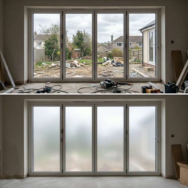 Comparison of bi-fold doors: top showing open view of backyard, bottom showing frosted glass privacy version