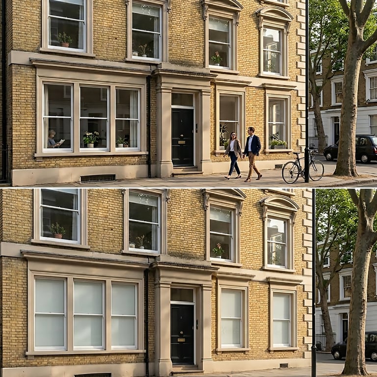 Comparison of historic yellow brick building facade before and after renovation, showing improved window and door finishes