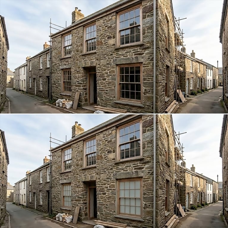 Before and after comparison of stone cottage renovation, showing exterior improvements to windows and stonework on historic rural building