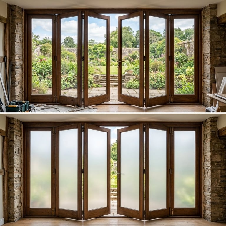 Comparison of dark wood accordion doors open to garden view versus closed with frosted glass panels