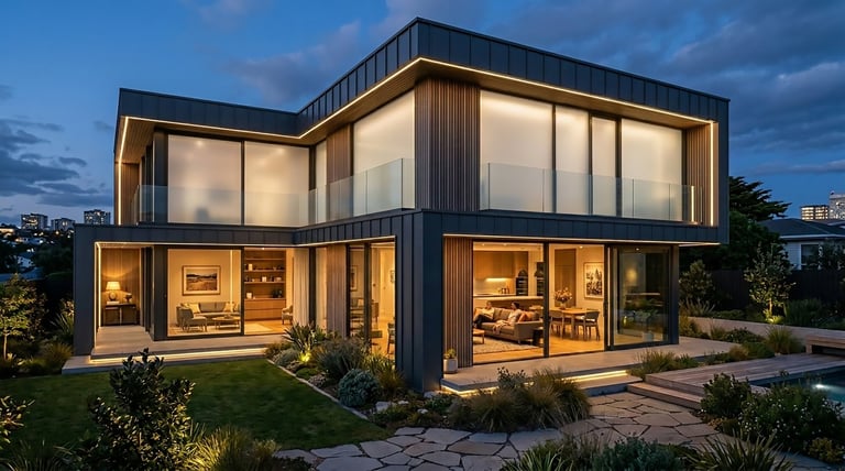 Modern two-story house with black frame and large windows illuminated at dusk, featuring a manicured lawn and stone pathway