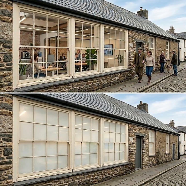Before and after comparison of a stone storefront showing large windows transformed to sliding glass doors with integrated shutters