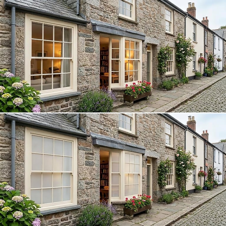 Before and after comparison of a stone cottage exterior showing window and garage door replacements along a charming cobblestone street