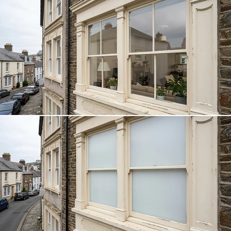 Before and after comparison of sash windows with frosted film applied to the lower panes of a stone building facade