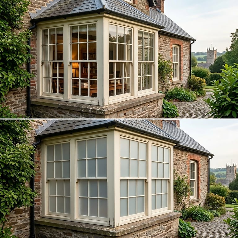 Before and after comparison of a brick cottage conservatory with multiple glass panel windows and slate roof, showing interior and exterior views
