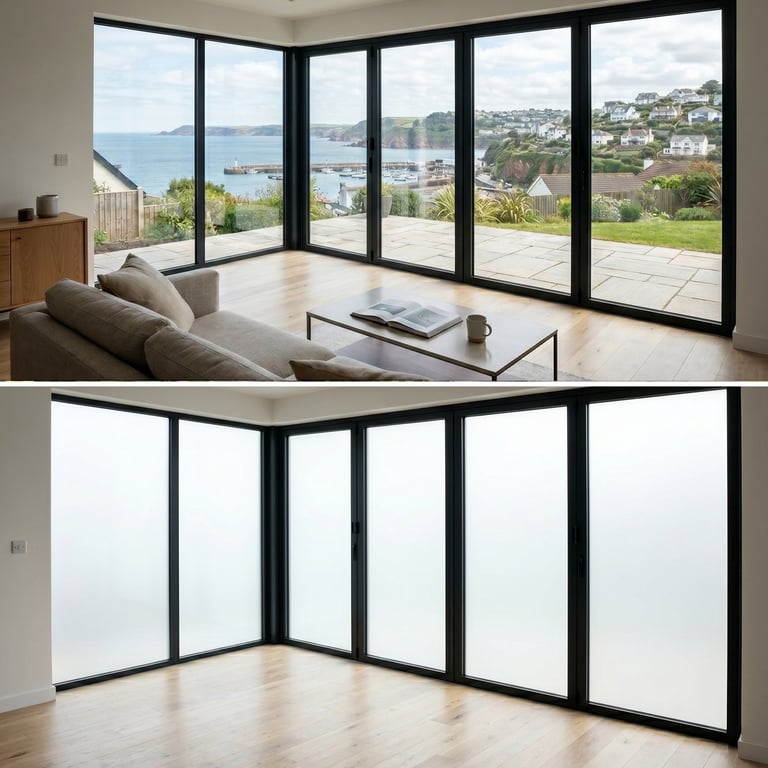 Large black-framed bi-fold glass doors showing ocean and hillside views in top panel and frosted/closed position in bottom panel