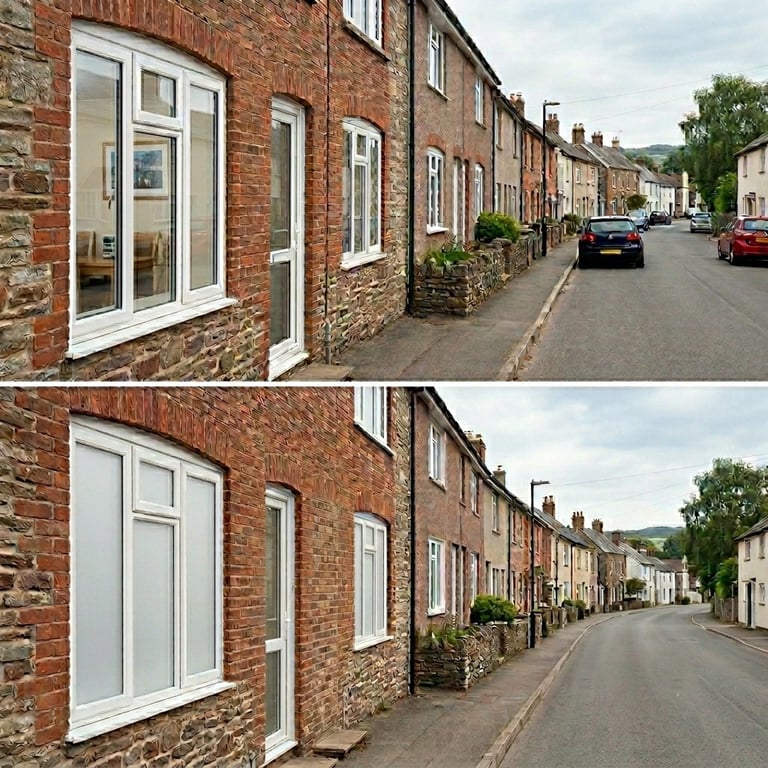 Before and after comparison of a brick terraced house renovation showing new white uPVC windows and doors, with parked cars on a quiet village street