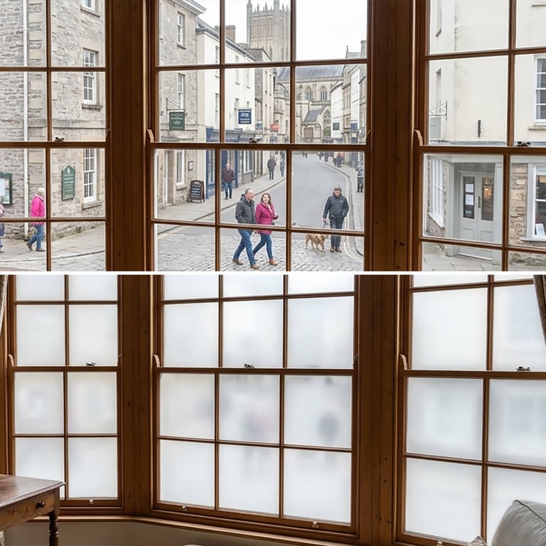 View through wooden-framed windows showing a historic stone town street with pedestrians and church tower in background