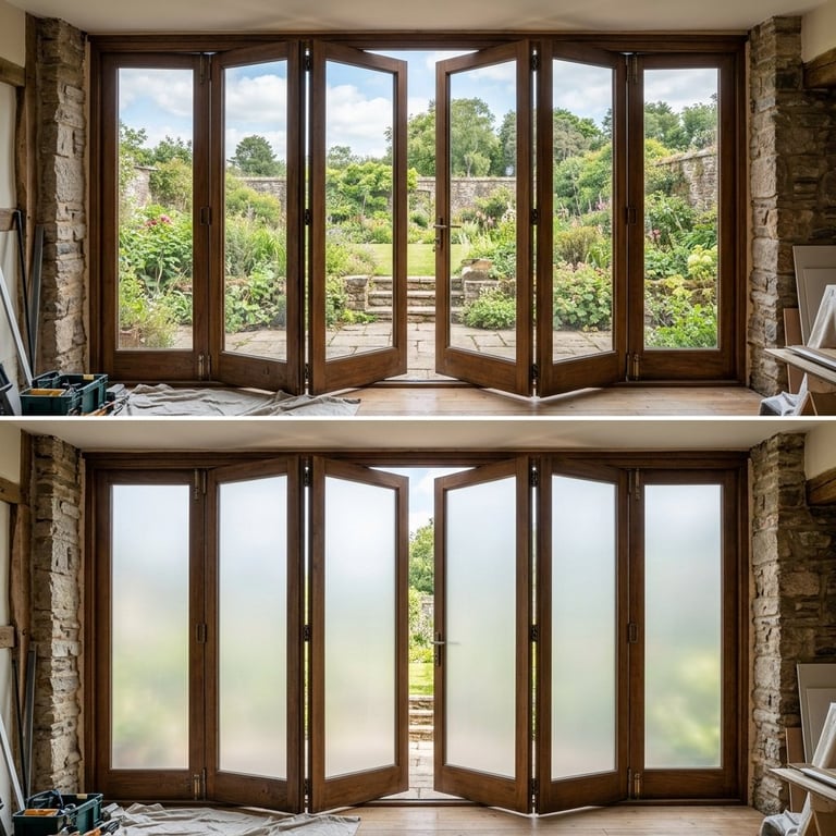 Comparison of bi-fold doors: top shows clear glass view of garden landscape, bottom shows frosted glass view