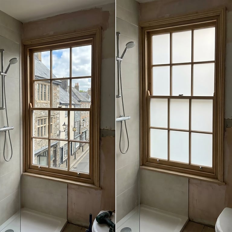 Side-by-side bathroom windows showing before and after frosted glass treatment, wooden frames, urban cityscape view