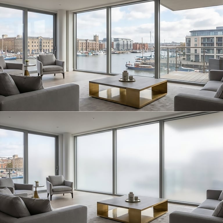 Modern living room with floor-to-ceiling windows overlooking a waterfront city skyline, gray furniture, and brass coffee table with smart glass window comparison