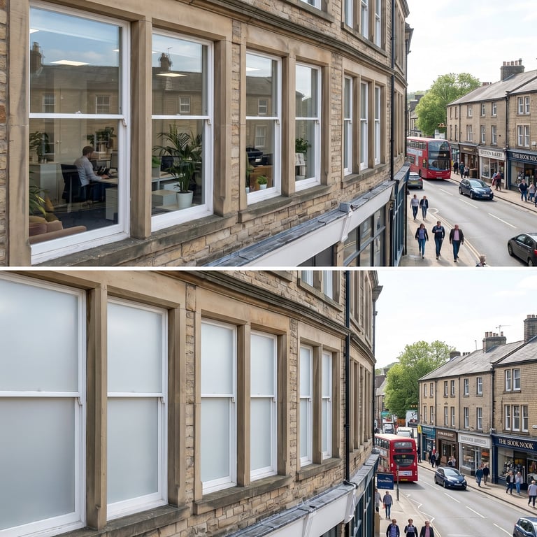 Before and after comparison of storefront windows with blinds drawn in the lower image, overlooking a busy UK street with red bus and pedestrians