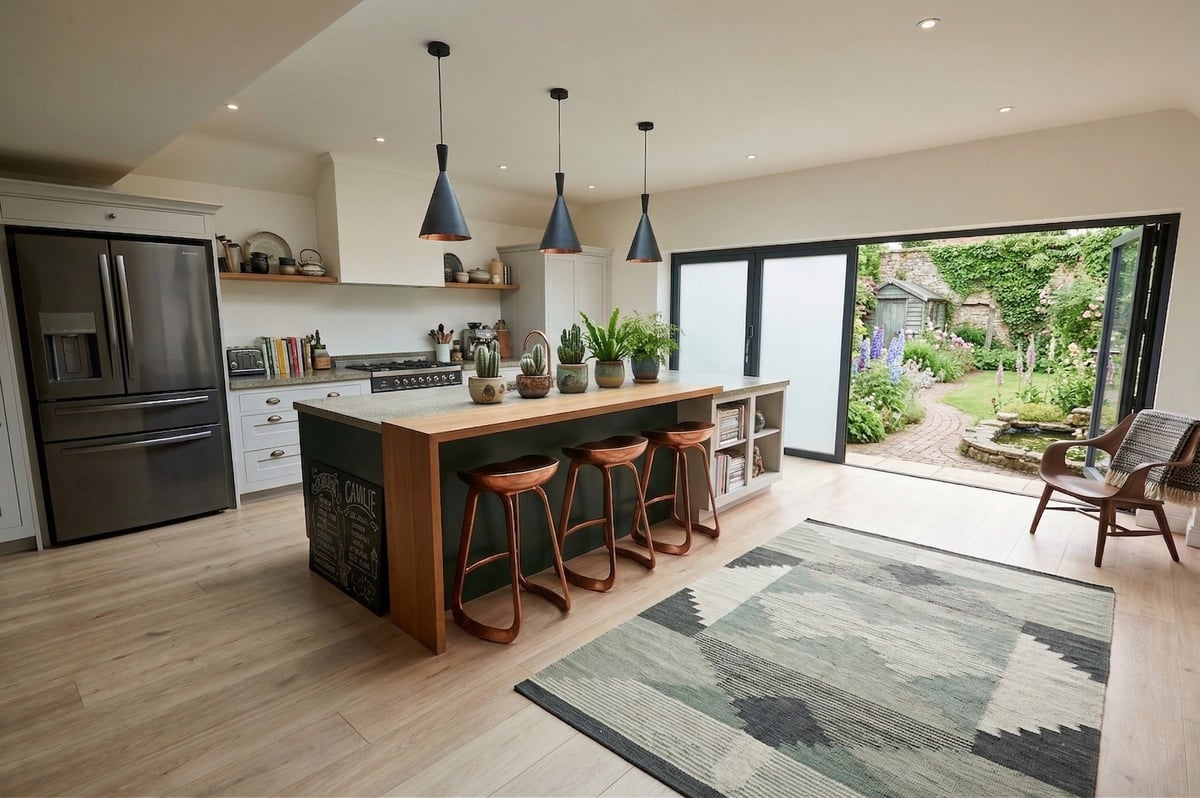 Modern open-concept kitchen with wood island, three blue pendant lights, stainless appliances, and seating area overlooking a garden patio