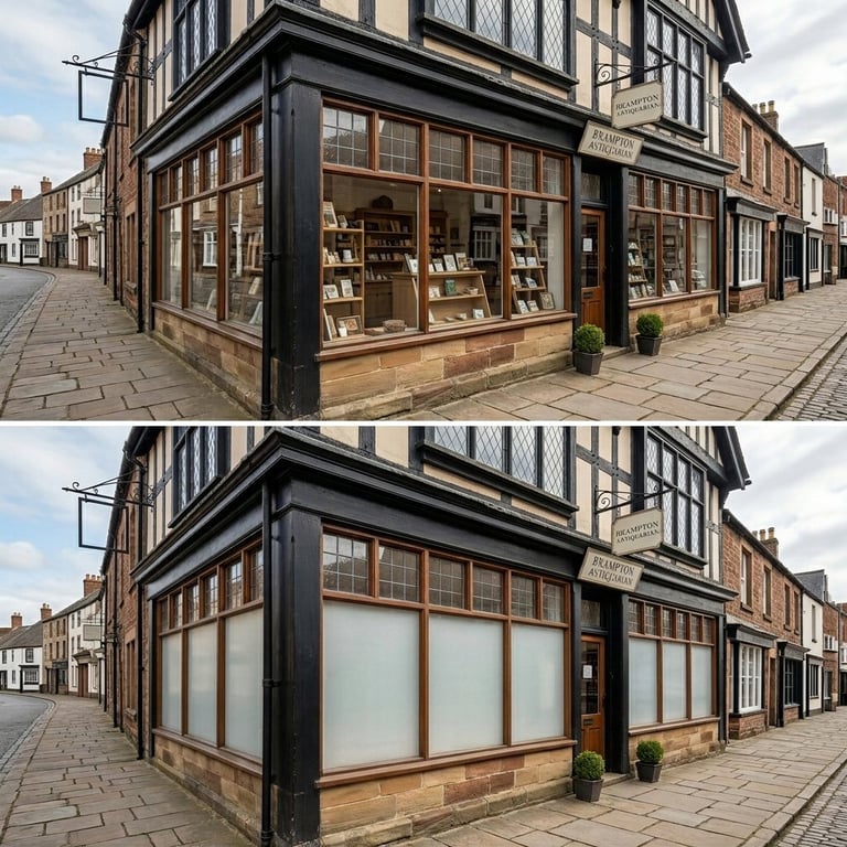 Before and after comparison of a corner bookshop storefront in a historic UK high street, showing transition from open to closed window displays