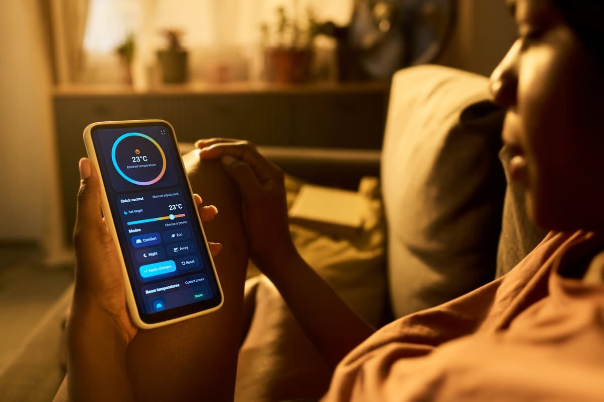 Person holding smartphone displaying smart home control app with temperature settings in warm-lit interior