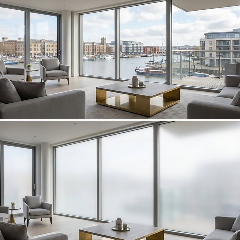 Modern apartment interior with floor-to-ceiling windows overlooking a waterfront city with boats and buildings