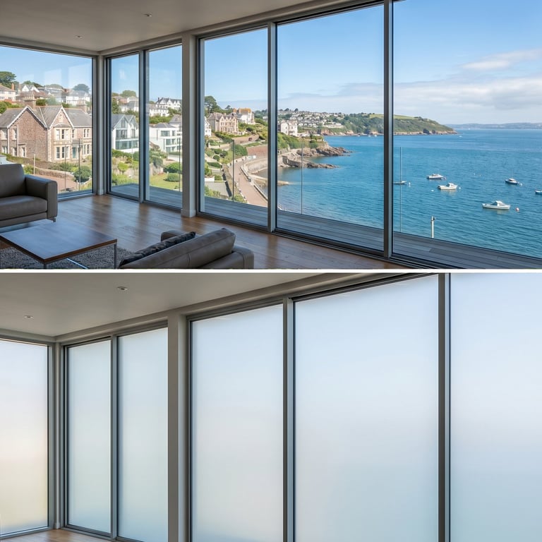 Modern apartment interior with floor-to-ceiling windows showing coastal town and blue ocean view, and frosted glass windows in lower panel