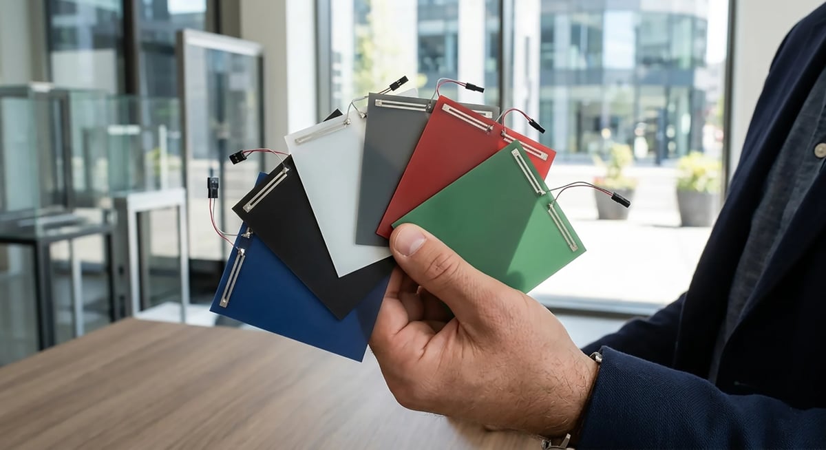 Person holding multiple colored fabric swatches in an office with city skyline view