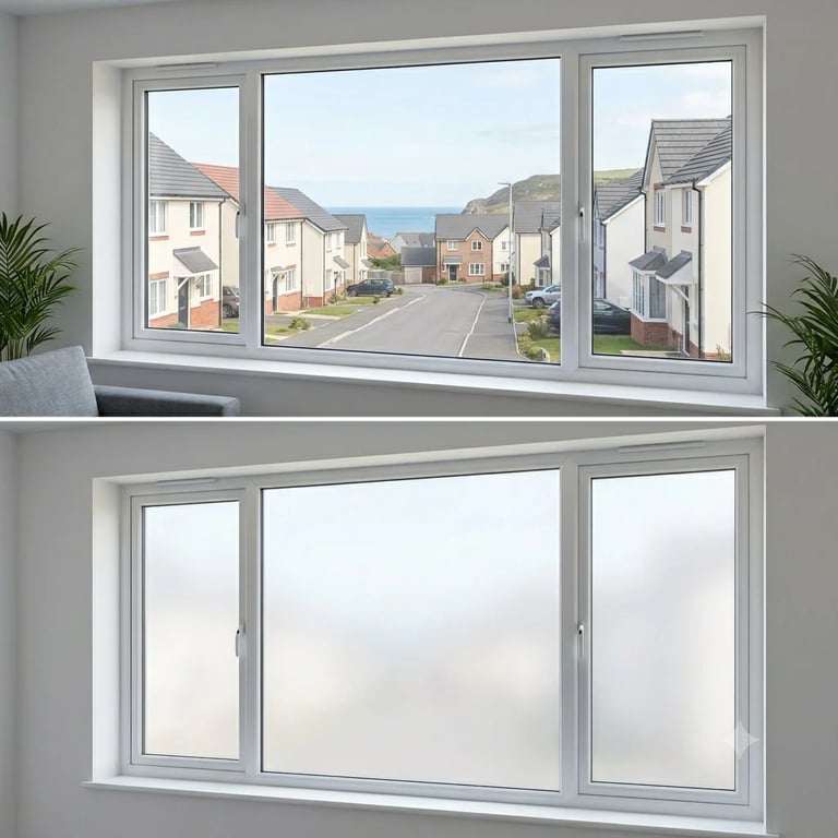 Before and after comparison of a white triple-pane window showing clear exterior view versus frosted privacy glass
