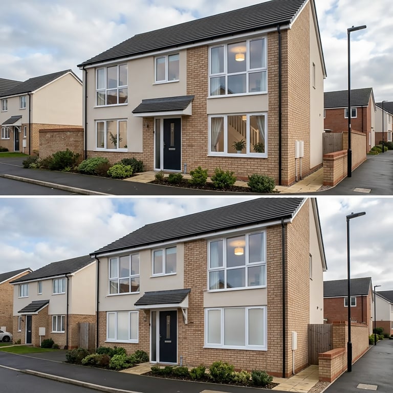 Comparison of modern two-story brick house with dark roof, showing before and after exterior views of residential home