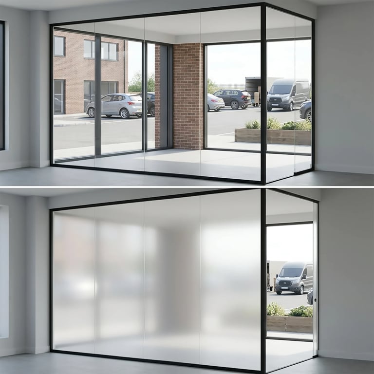 Comparison of glass partition systems with black frames showing clear and frosted privacy options in modern office space