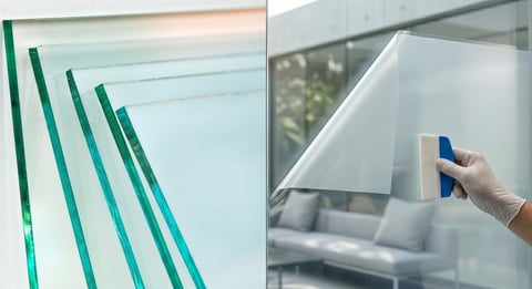 Split image showing frosted glass panels with teal stripes