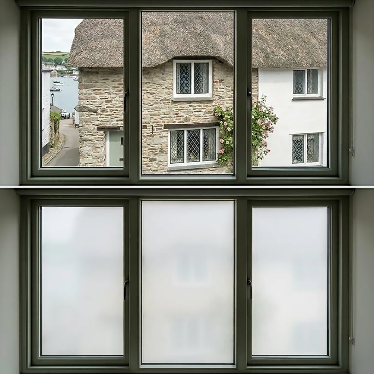 Green-framed window with six panes showing stone cottages and frosted glass below
