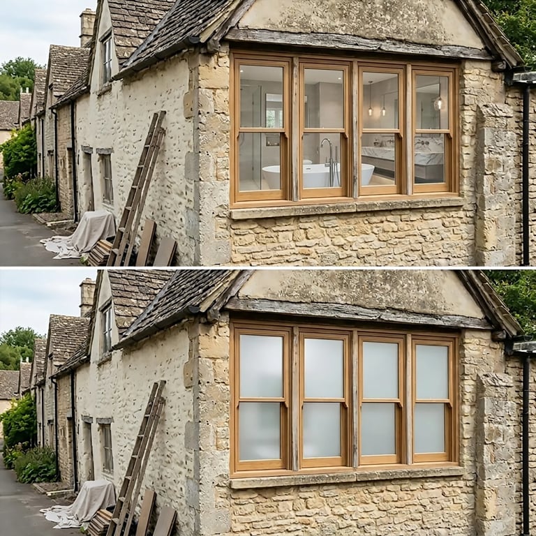 Before and after comparison of a stone cottage window replacement, showing wooden frame window upgraded to modern multi-pane glazing