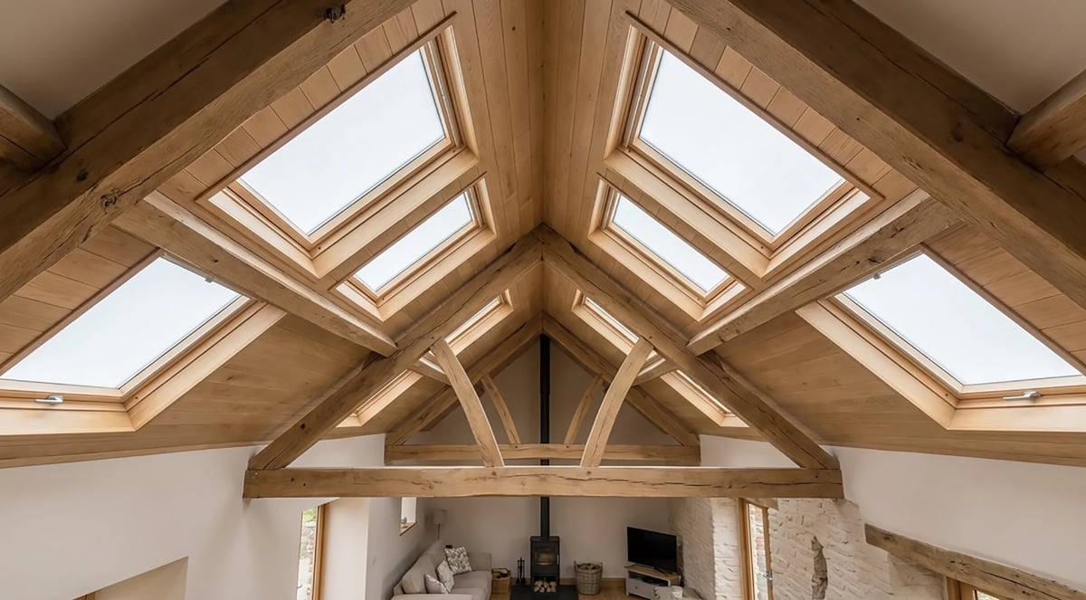Modern timber ceiling with four skylights and exposed wooden beams in a vaulted architectural interior space