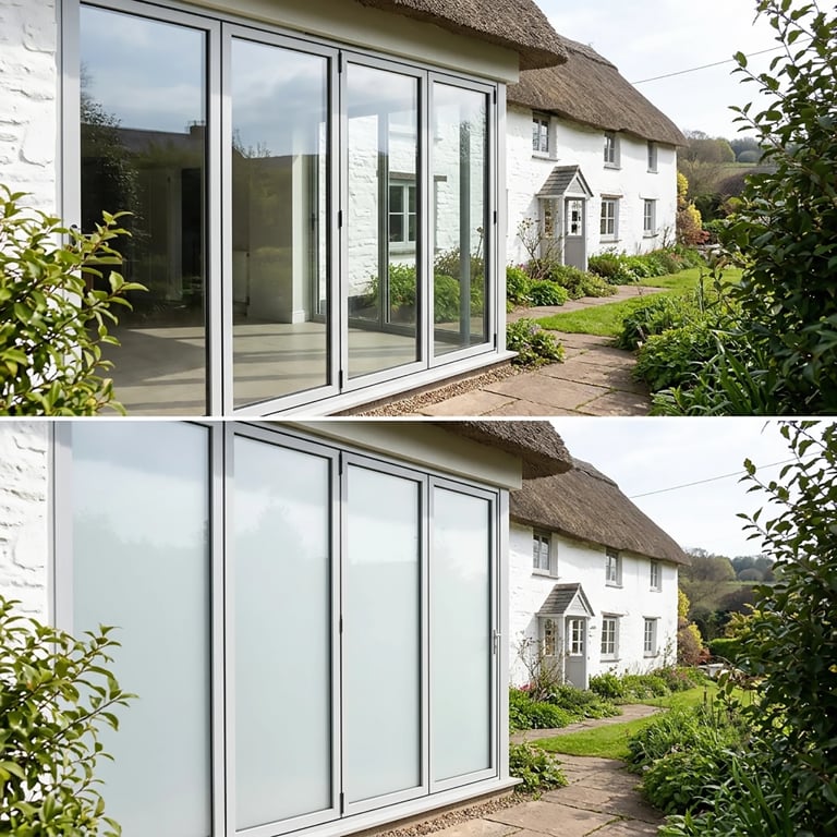 Large modern sliding glass doors on whitewashed cottage with thatched roof, showing open and closed configurations with garden view