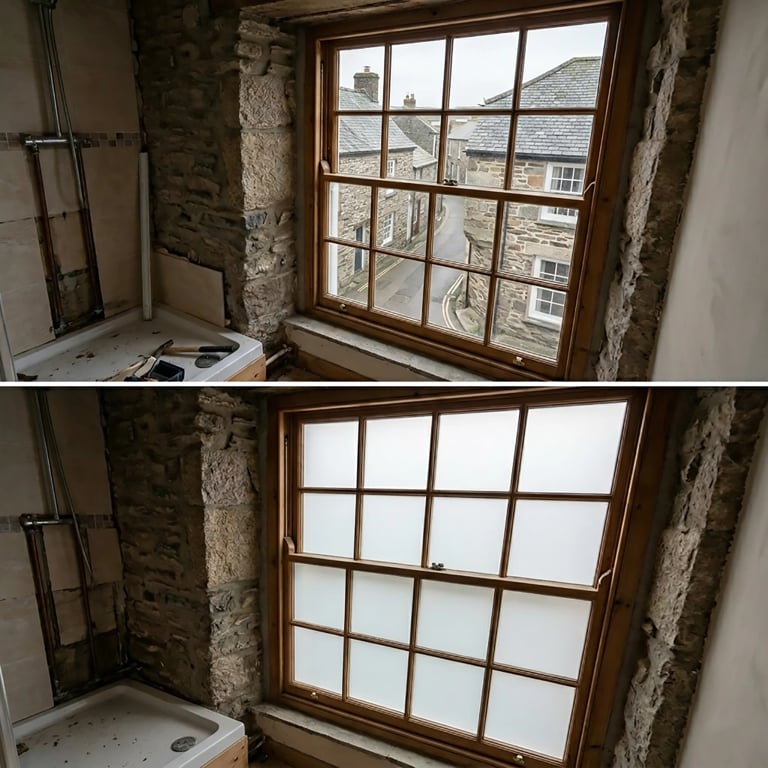 Before and after comparison of a large wooden window in a stone room renovation, showing exterior view above and interior frosted glass below.
