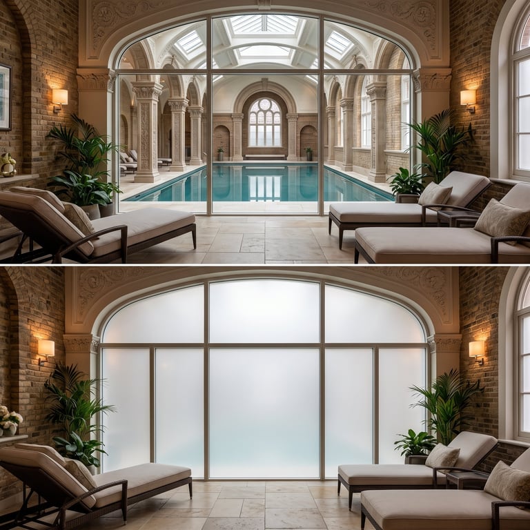 Luxury spa pool with arched glass ceiling, columns, lounge chairs, and potted plants in an elegant classical interior