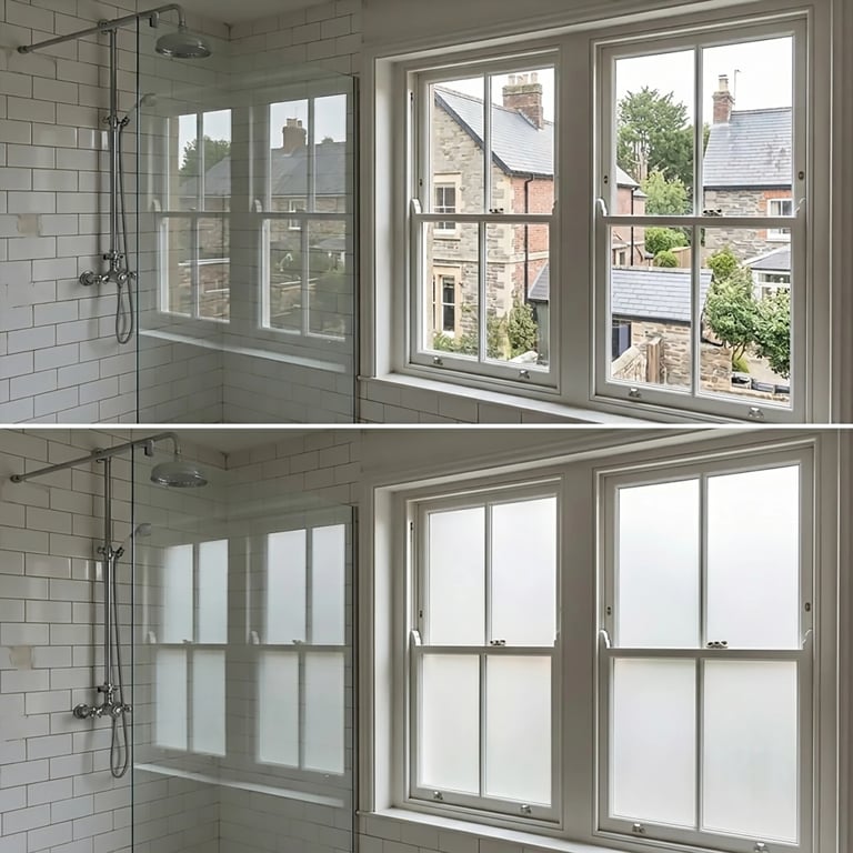 Before and after comparison of bathroom windows with privacy film applied to frosted glass panels