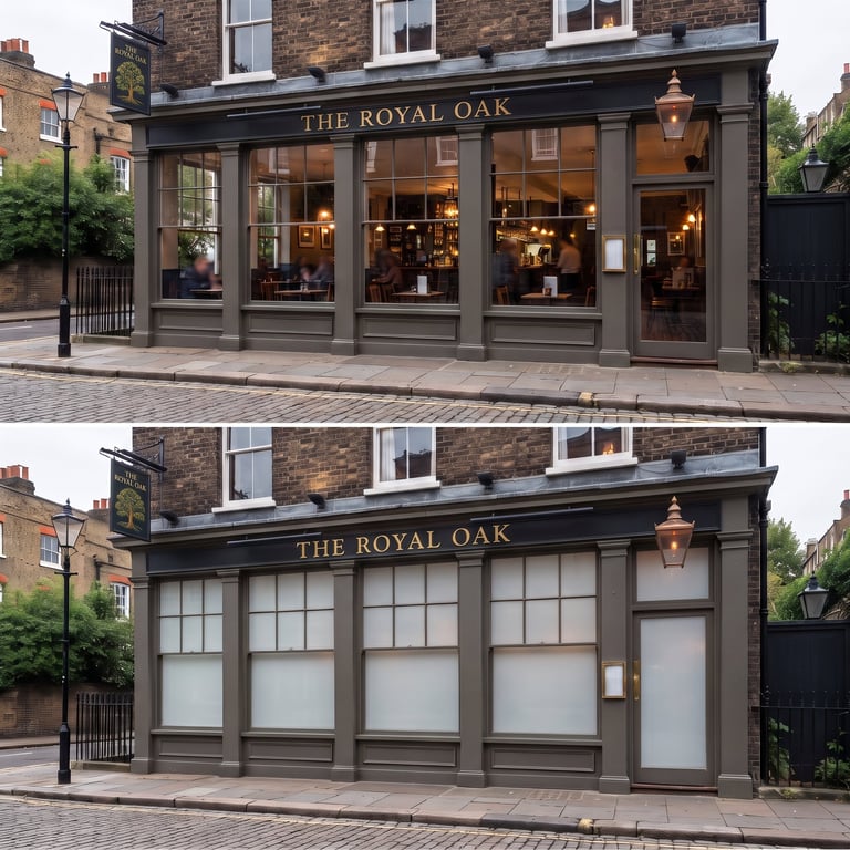 Before and after comparison of The Royal Oak pub storefront showing open lit interior above and closed white-shuttered facade below