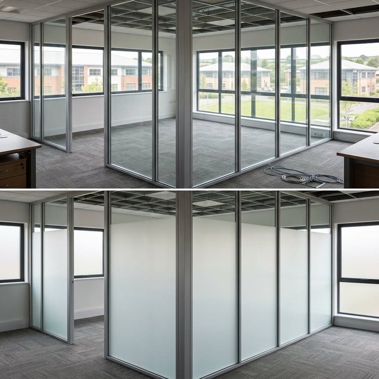 Before and after comparison of glass office partitions, showing clear glass above and frosted glass below in a modern office setting